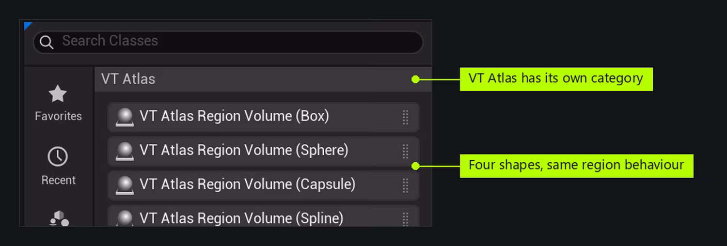 The Place Actors panel with the VT Atlas category chosen, showing four entries: VT Atlas Region Volume in Box, Sphere, Capsule and Spline forms.