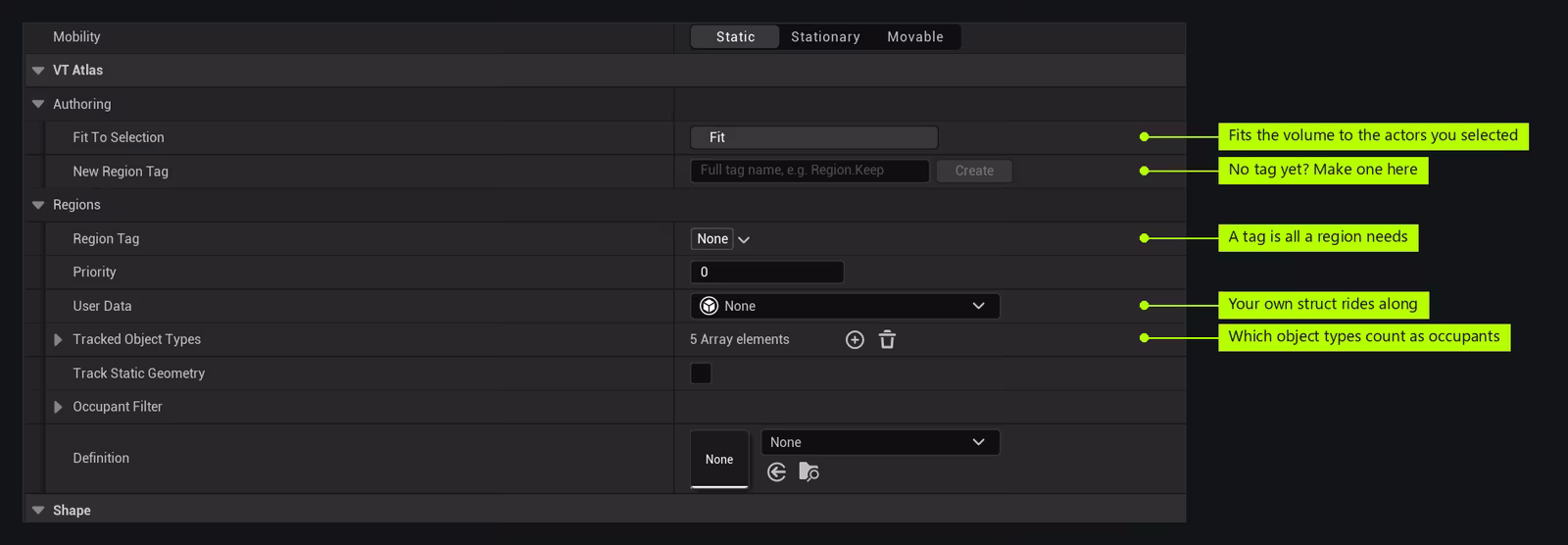 The Details panel for a selected untagged region volume, showing the VT Atlas category with an Authoring group holding Fit To Selection and New Region Tag, and a Regions group holding Region Tag, Priority, User Data, Tracked Object Types, Track Static Geometry, Occupant Filter and Definition.